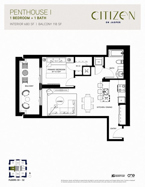 Floor plan for 1 bed, 1 bath, 680 sqft
